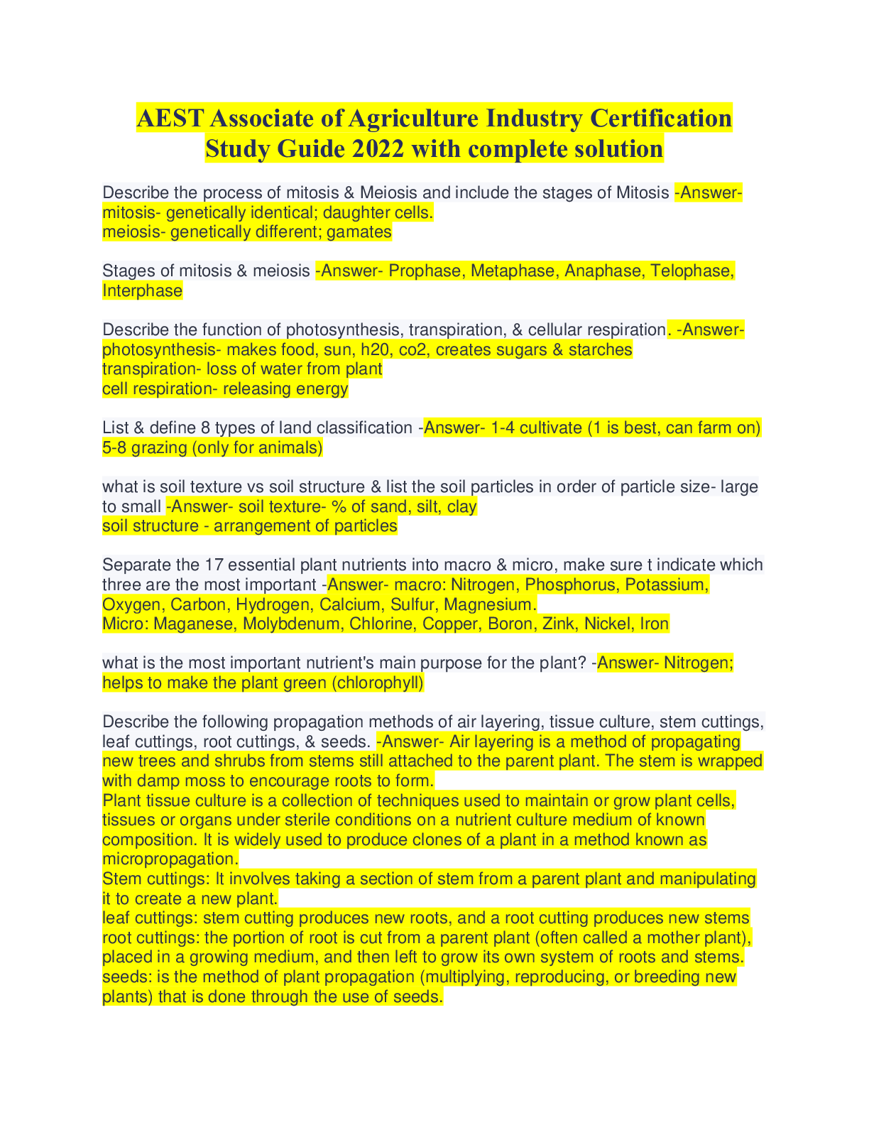 Preview image for AEST Associate Of Agriculture Industry Certification Study Guide 2022 with complete solution